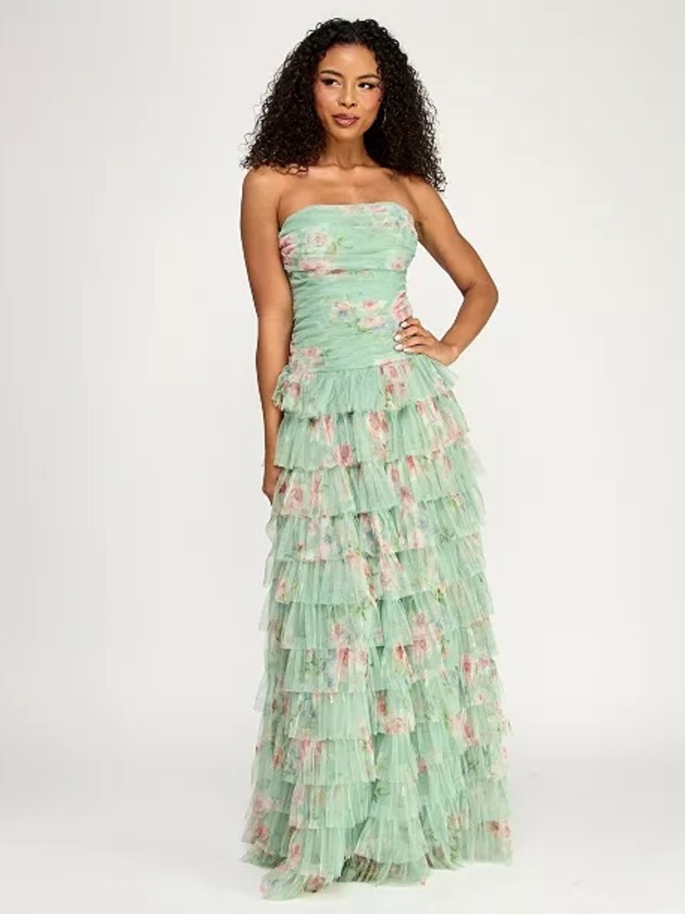 Juniors Green and Pink Floral Strapless Tiered Ruffle Gown Prom Dress 5/6